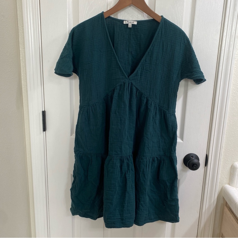 Madewell Lightspun Popover Tiered Mini Dress in Smoky Spruce - Size XS